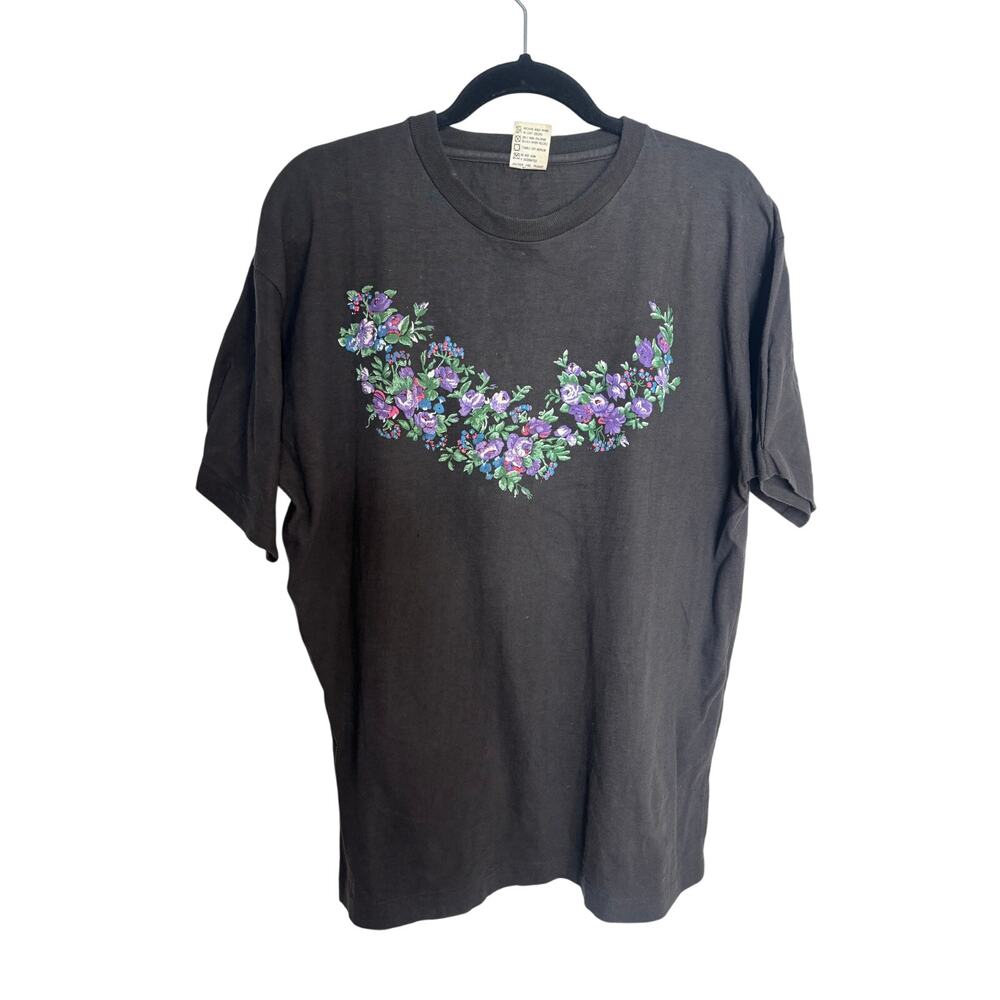 Vintage Black Floral Graphic Tee Shirt Top Women’s XL 90s Flowers Lebanon Cotton